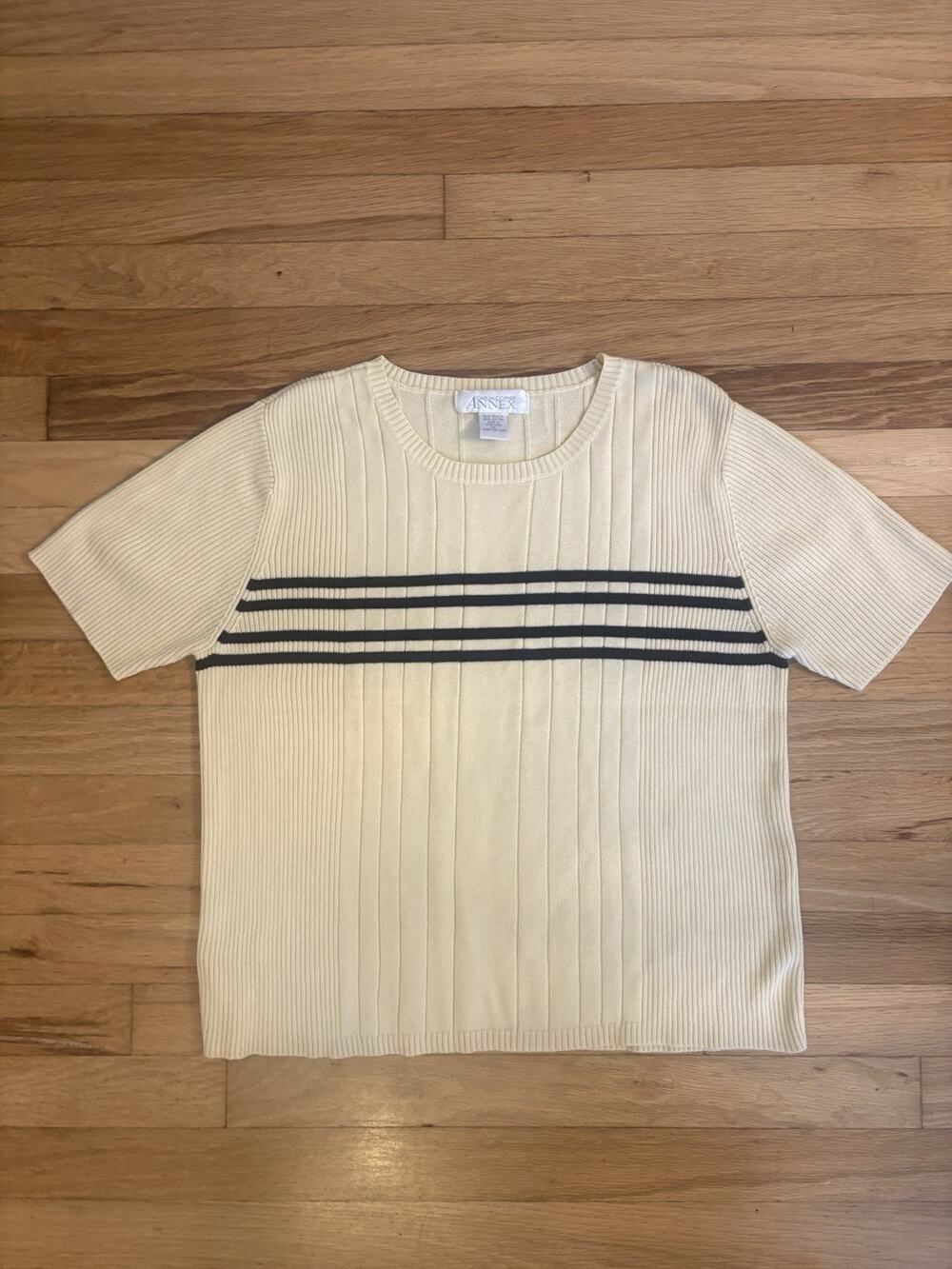 Casual Corner Sweater Knit Soft Yellow Navy Chest Strip XL Y2K Preppy Classic